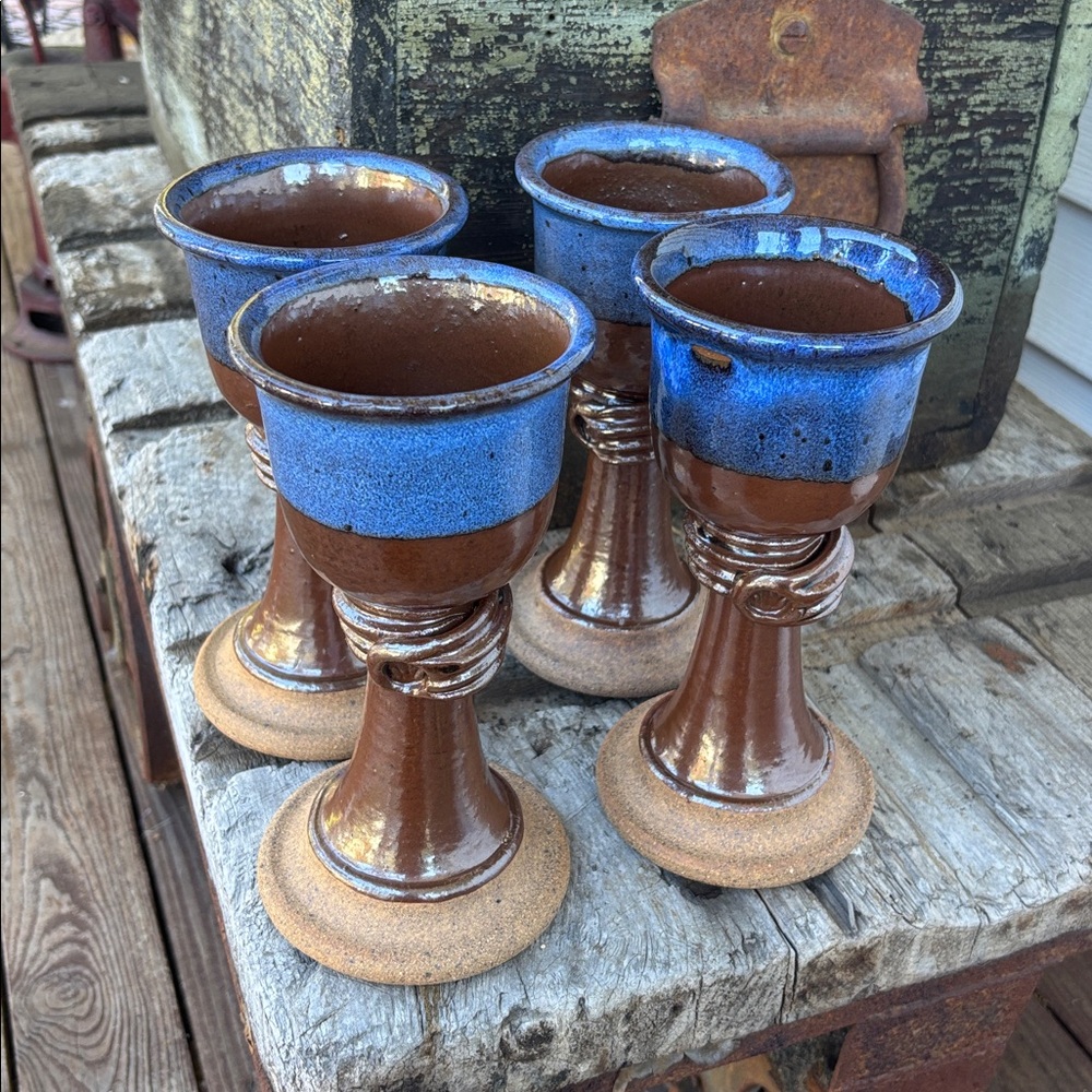 Set of Four Blue and Brown Ceramic Goblets